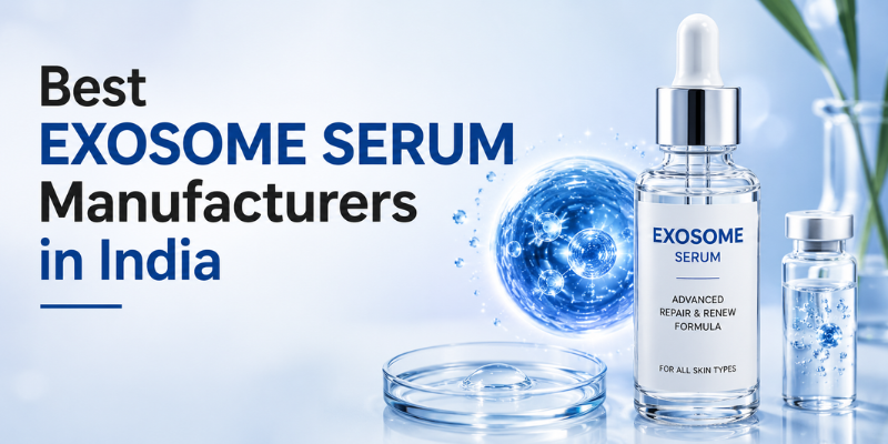 Best Exosome Serum Manufacturers in India featuring premium exosome serum bottle with advanced skincare formulation for private label cosmetic manufacturing.